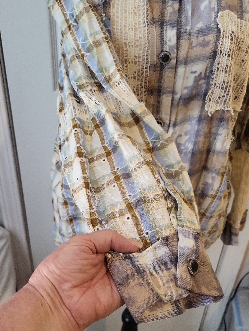 POL Patchwork Plaid Button-Up Shirt in Beige and Gray - Picture 3 of 8
